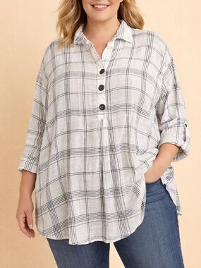 J.Jill 2X White Black Plaid Linen Blend Tunic Popover Shirt Plus Size